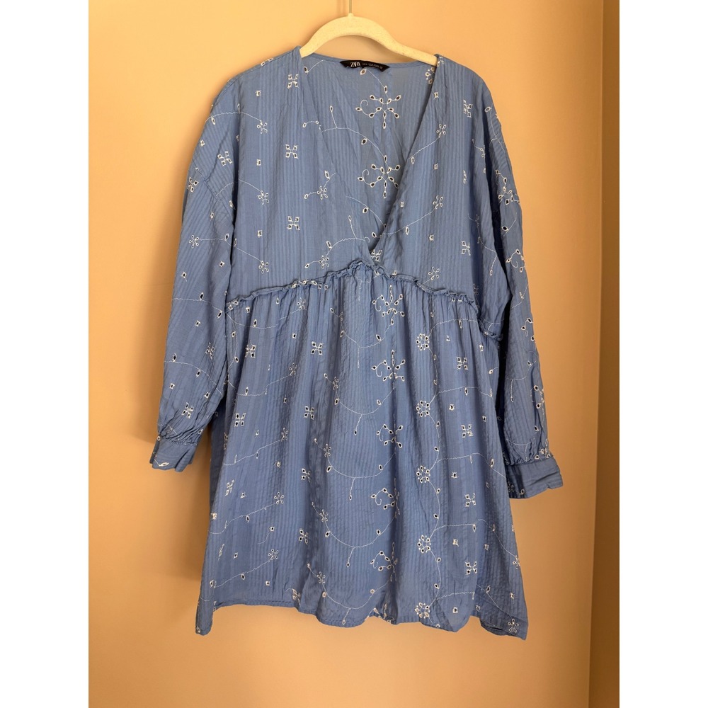 Zara Women Blue Eyelet 100% cotton‎ Babydoll Mini Dress V-Neck XL boho